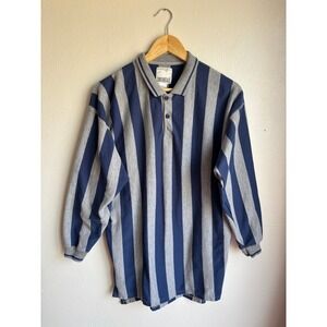 Vintage Union Bay Mens Small Striped Long Sleeve Polo Shirt Navy Grey 90s Rugby